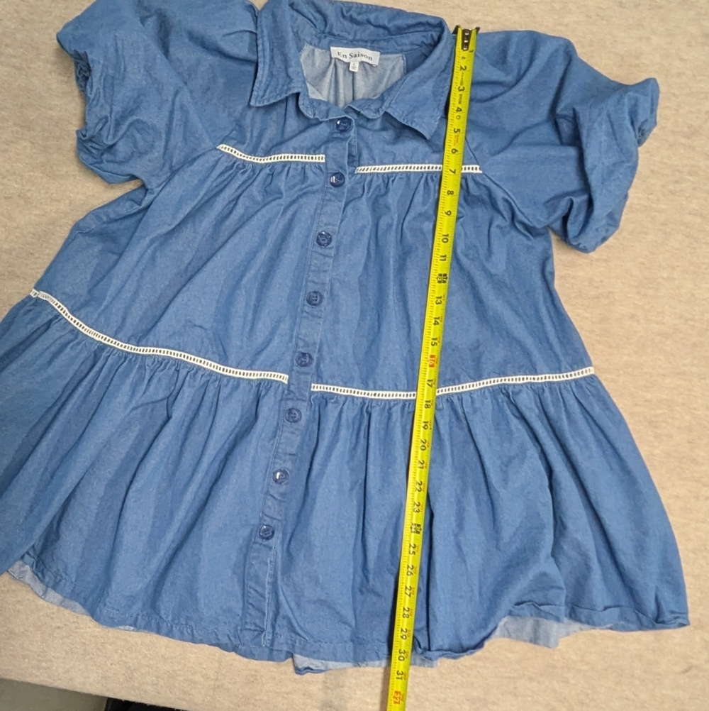 En Saison Tara Tiered Cotton Trapeze Mini Dress Denim Puff Sleeve Size Large - Picture 8 of 11